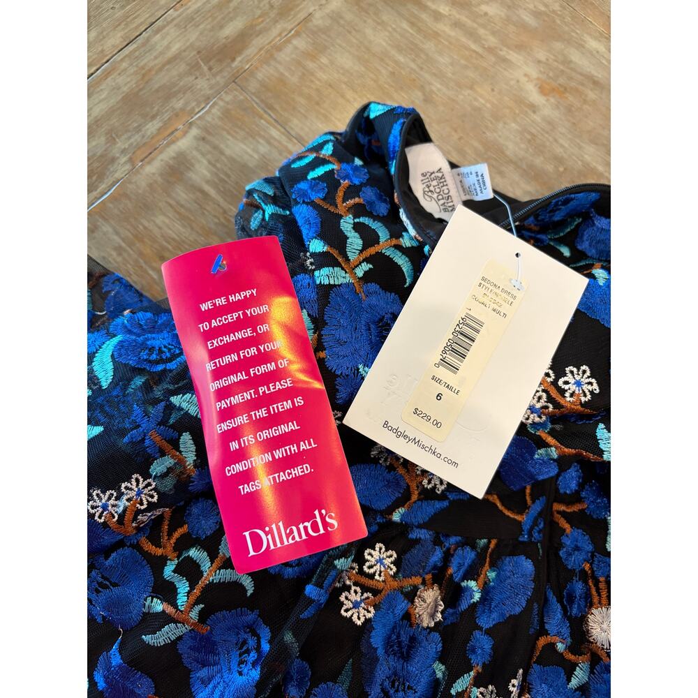 NWT Belle by Badgley Mischka Blue Floral Embroidered Mesh Dress Size 6 - Picture 5 of 7